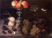 Georg Flegel Still life of grapes on a pewter dish,together with peaches,nuts,a glass roemer and a silver tazza containing apples and pears,and a blue-tit oil painting